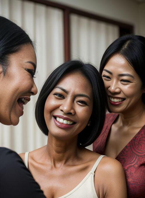 AI Porn Image of 50-60 Years Old 2 Women Black Hair Bun Laughing Mature Granny