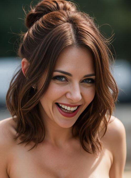 AI Porn Image of Laughing Hair Bun 30-40 Years Old Totally Naked Huge Boobs Milf
