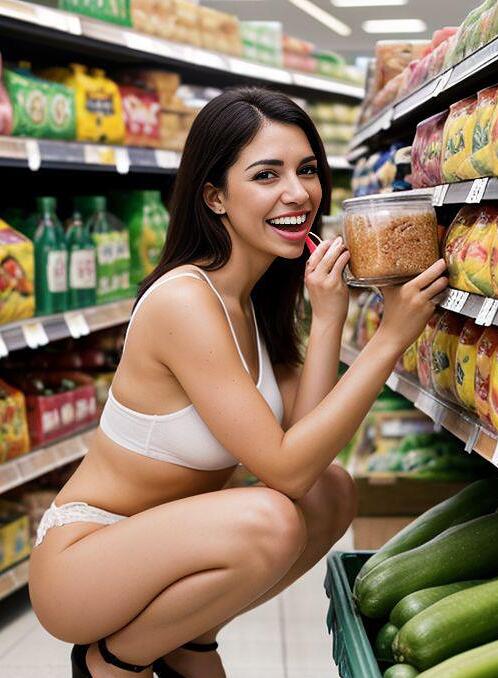 AI Porn Image of Squatting 20-30 Years Old Supermarket Latina Smiling
